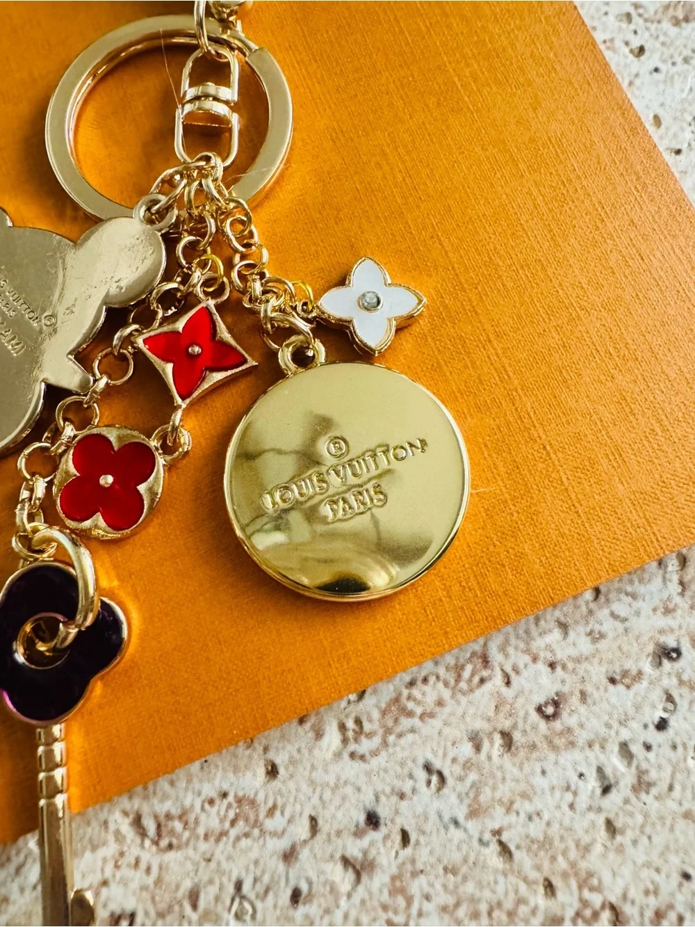 LV RARE Murakami Stamped Hardware & Fashion Accents on Gold Key Chain/Bag Charm